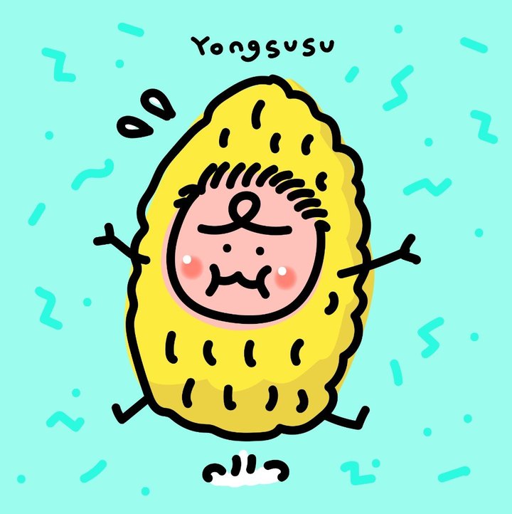 Yongsusu, a hand-drawn corn character with rosy cheeks and arms spread wide